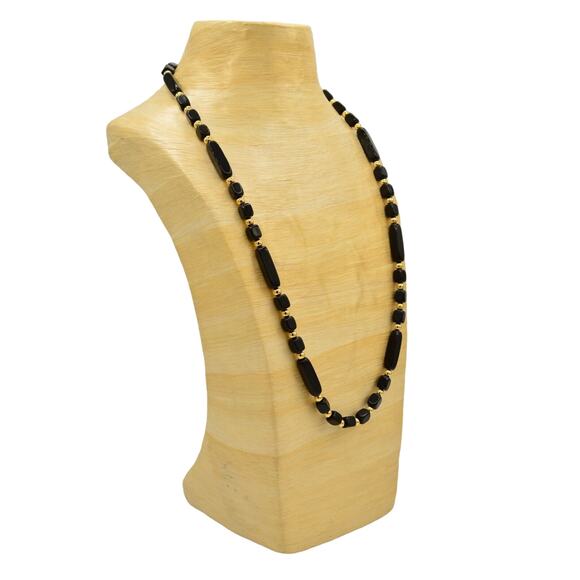 Trifari Black Beaded Necklace Statement Gold Geometric 32" Vintage Signed BinR - Picture 3 of 10